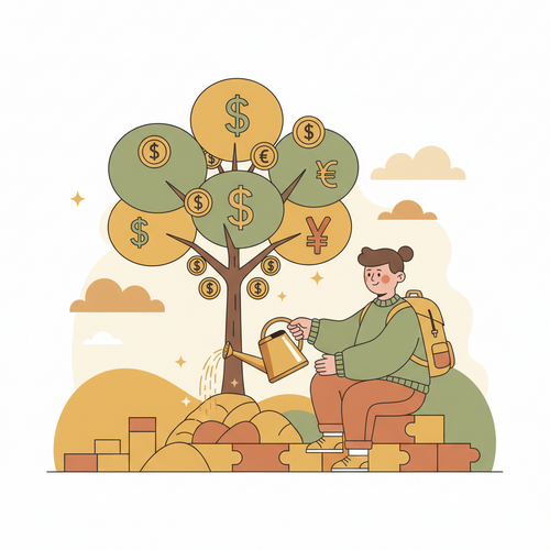 Flat design illustration of a student building wealth, representing understanding the stock market for students