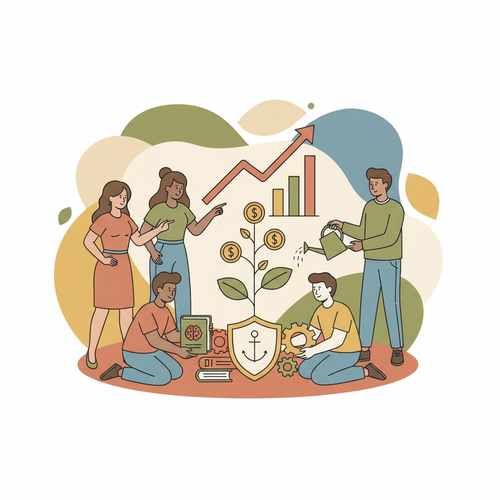 Flat design illustration showing a team de-risking corporate training portfolios with strategic skill acquisition, represented by growth charts and collaborative development.