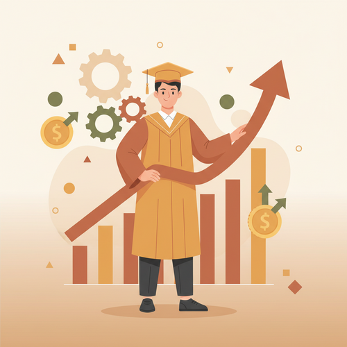 Flat design illustration of a recent graduate automating post-graduation investments using a robo-advisor, showing financial growth and smart planning.