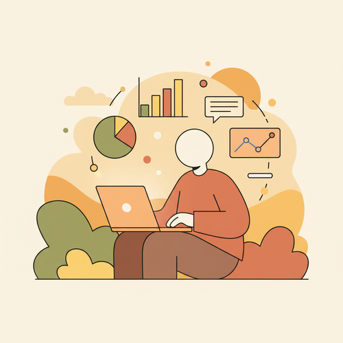 Illustration of a person learning data analytics using free online courses and aiming for certification