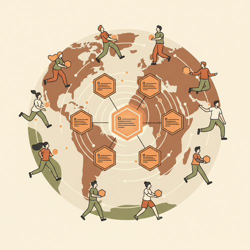 Flat design illustration showing decentralized educational protocols verifying global workforce competencies on a blockchain network