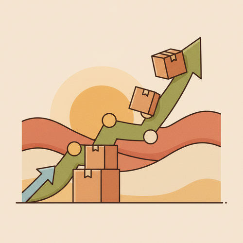 Flat design illustration representing a first job relocation package negotiation, with moving boxes and a professional discussing terms.