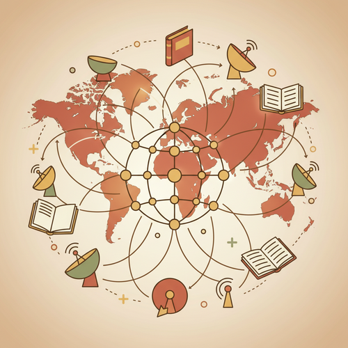 Flat design illustration representing free university language learning resources for professional development and global communication.