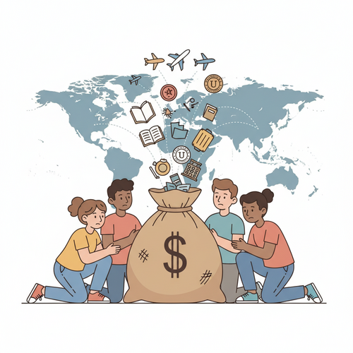 Flat design illustration showing students analyzing the True Cost Study Abroad 2026, with money bags and diverse expenses, global map background.
