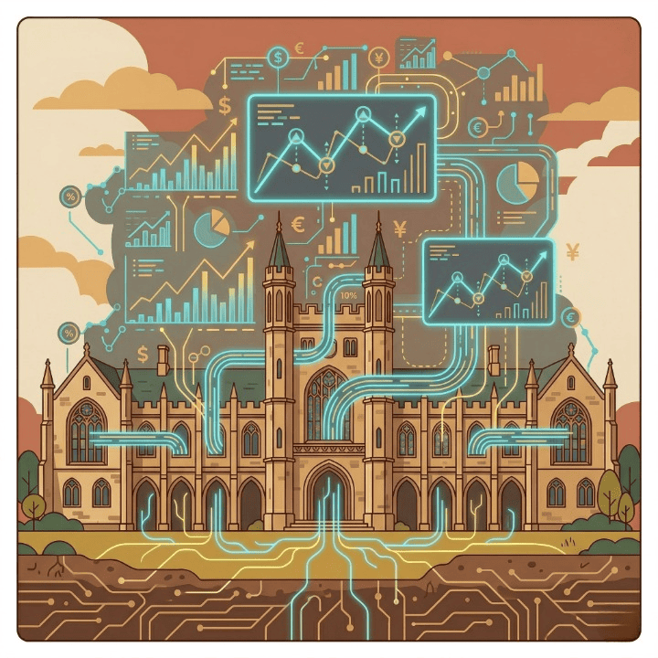 Flat design illustration showing algorithmic liquidity management in higher education endowments, featuring a university integrated with digital finance charts.