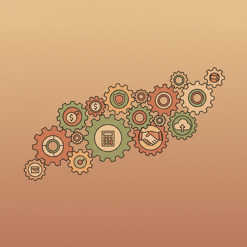 Illustration of diverse, specialized gears fitting together, representing asymmetric skill deployment and de-risking corporate onboarding matrices.
