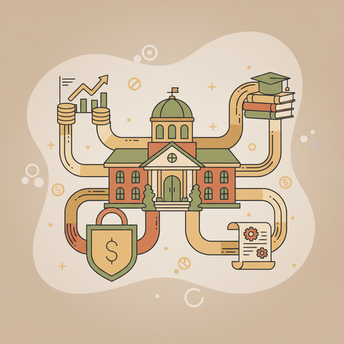 Conceptual illustration of university bond issuance protocols and fixed-income yield maximization strategies.