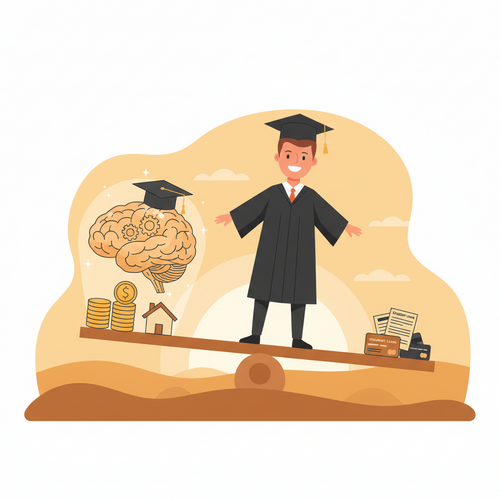 Flat design illustration of a recent graduate balancing their microeconomic balance sheet, showcasing human capital, debt, and assets.