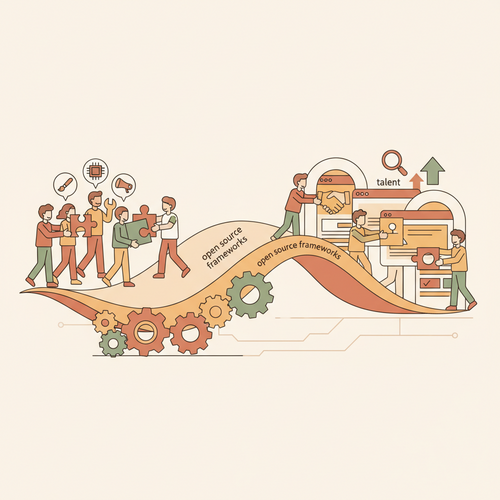 Illustration depicting open-source competency frameworks integrating with enterprise talent acquisition systems, highlighting skill alignment and human capital optimization.