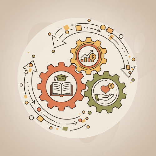 Flat design illustration of intertwined gears representing quantitative actuarial assessment of global academic venture philanthropy, showing data flow and collaboration.