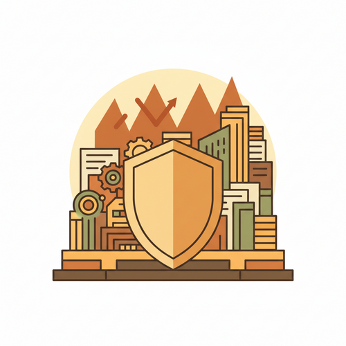 Flat design illustration representing quantitative risk hedging protecting income-contingent repayment financial structures against market volatility.