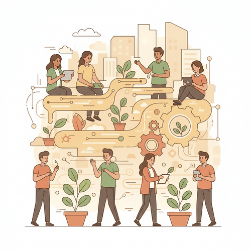Flat design illustration of a scalable asymmetric learning ecosystem, showing diverse professionals acquiring new skills through interconnected data streams and AI, symbolizing human capital growth and enterprise valuation.