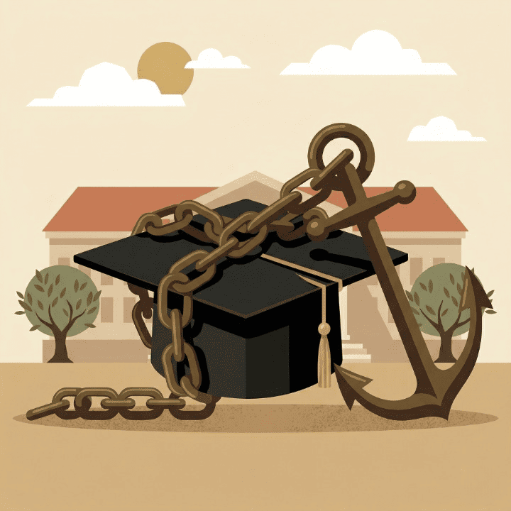 Flat design illustration depicting the macroeconomic drag of subsidized academic liability on the global economy.