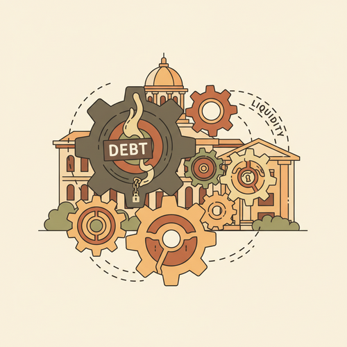 Flat design illustration of interconnected gears representing Academic Capital Structuring, Debt Optimization, and Operational Liquidity Provision for educational institutions.