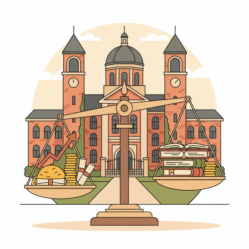 Academic Capital Structuring representing a balanced financial strategy for universities, encompassing debt, investments, and operational efficiency.