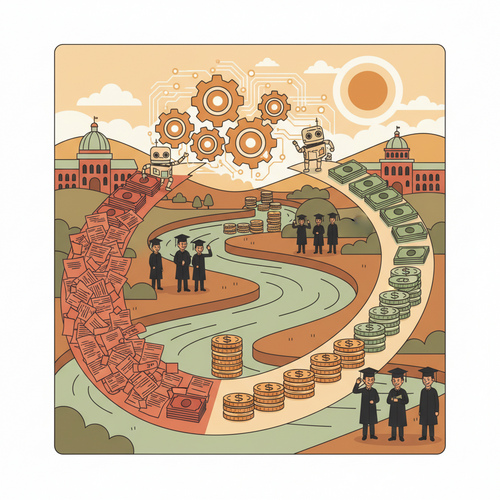 Flat design illustration depicting algorithmic debt restructuring for graduate demographics, showing data flow and financial optimization