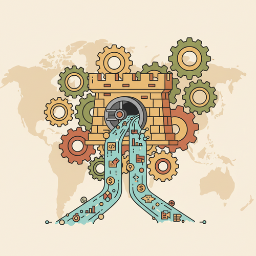 Flat design illustration representing algorithmic endowment liquidity management, showing data flowing into a secure financial institution, emphasizing capital preservation and advanced analytics.