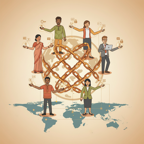 Illustration depicting secure decentralized credentialing facilitating global talent arbitrage, connecting skilled professionals worldwide.