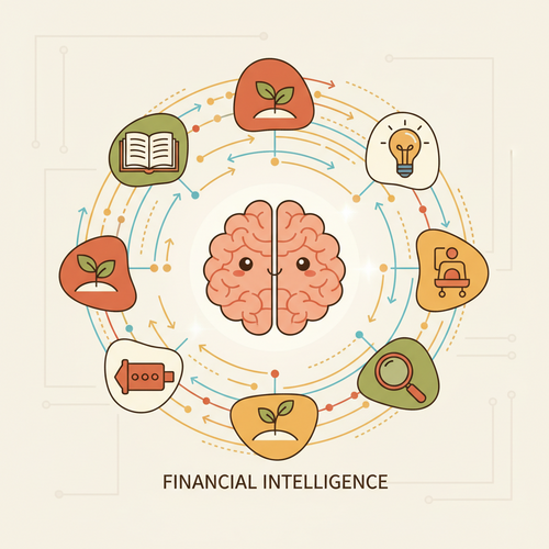 Flat design illustration of decentralized learning infrastructure showing interconnected nodes and a brain, representing skill deployment and human capital optimization.