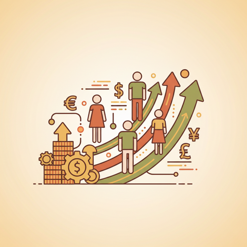 Flat design illustration representing human capital monetization derivatives, showing abstract figures connected to financial growth charts and investment symbols.