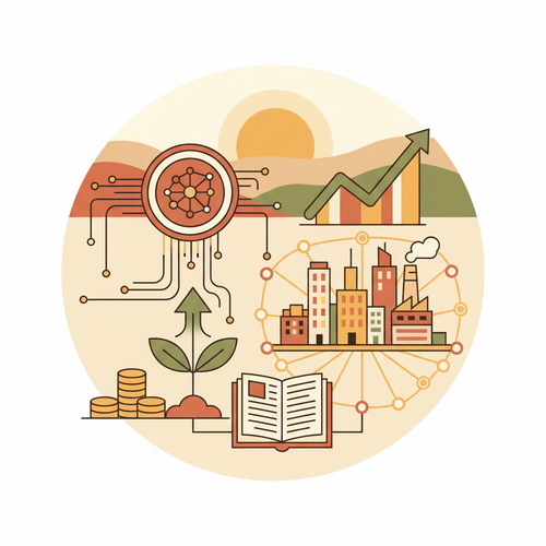 Flat design illustration showing digital credentials on a screen connecting to a growing upward graph, symbolizing Digital Credential Engineering ROI in technical education.