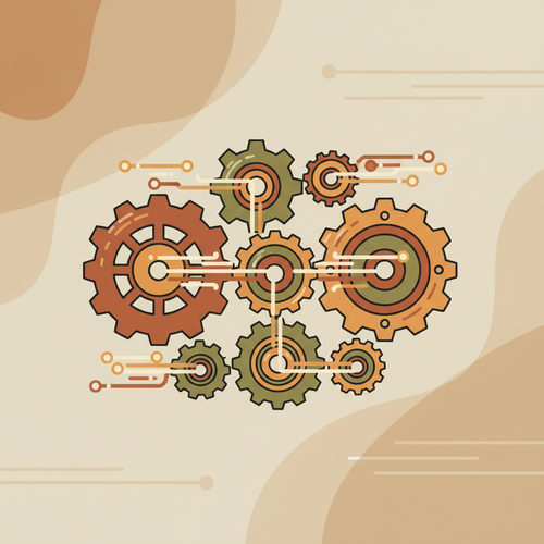 Flat design illustration showing a network of gears and data streams, symbolizing quantitative frameworks for enterprise skill acquisition and institutional knowledge deployment.