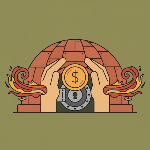 Illustration of a secure vault protecting a gold coin from inflation, symbolizing private capital preservation strategies in inflationary environments.