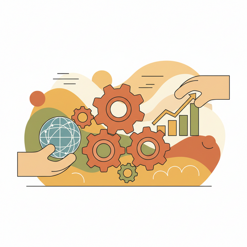 Flat design illustration showing global interconnectedness for enterprise onboarding. Gears symbolize systems, hands reaching out represent talent integration, and a rising graph denotes increased efficiency, all related to the democratization of onboarding matrices.