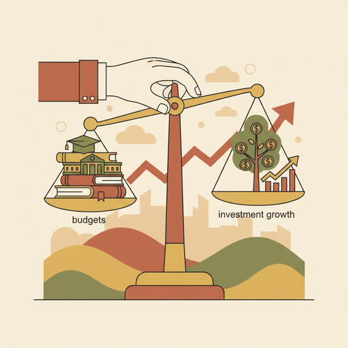 Flat design illustration showing an academic institution strategically managing institutional education funding and capital leveraging.