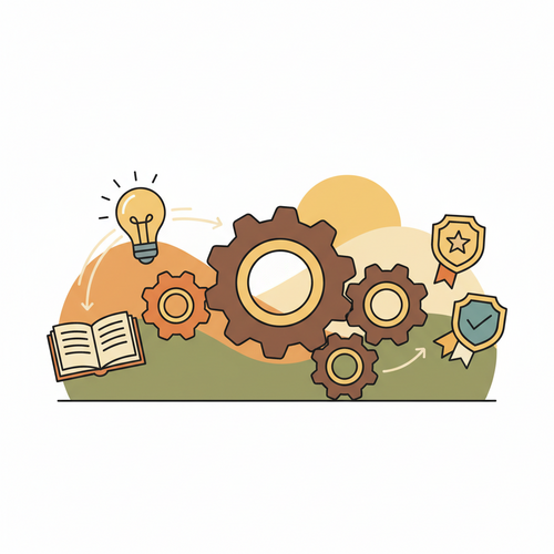 Flat design illustration representing technical credentialing driving operational yield, showing knowledge inputs leading to certified outcomes and efficient processes.