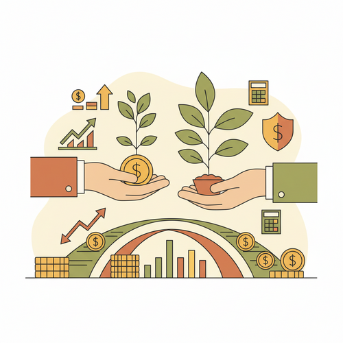 Illustration of hands passing a thriving plant, symbolizing intergenerational capital transfer and tax-advantaged portfolio structuring, across a bridge of financial planning.