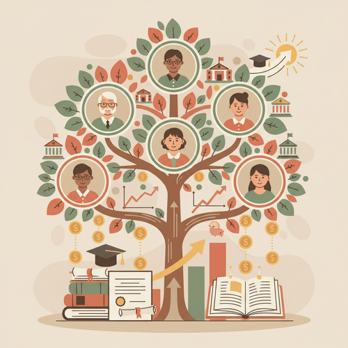 Conceptual illustration of intergenerational wealth transfer, showing financial growth and educational investments across family generations.
