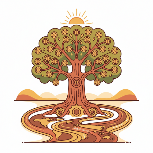 Flat design illustration representing Sovereign Wealth Optimization, showing global capital flowing into a robust investment portfolio for long-term growth.