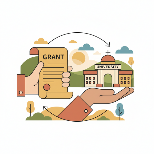 Flat design illustration showing a hand providing a grant (money bags) to another hand constructing a university building, representing sovereign grants in tertiary infrastructure and their macroeconomic impact.