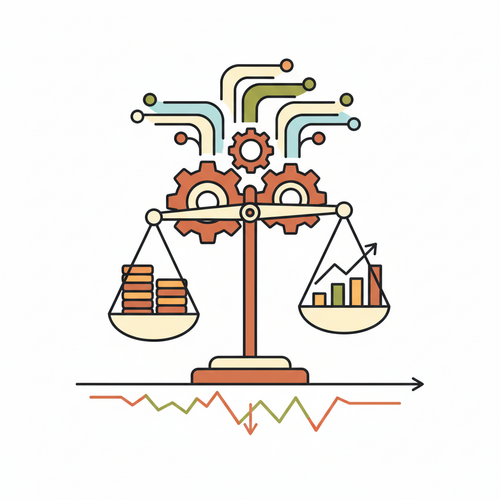 Flat design illustration of quantitative asset allocation with data flows, gears, and a balanced scale representing institutional arbitrage in volatile equity markets.