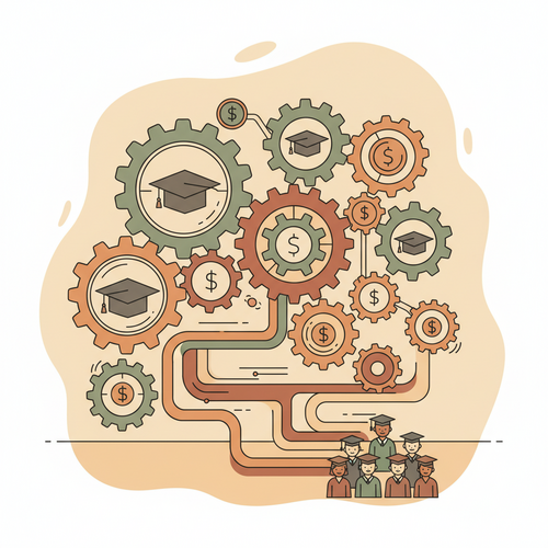 Flat design illustration depicting institutional architectures for quantitative debt restructuring, symbolizing student fiscal mobility and financial engineering.