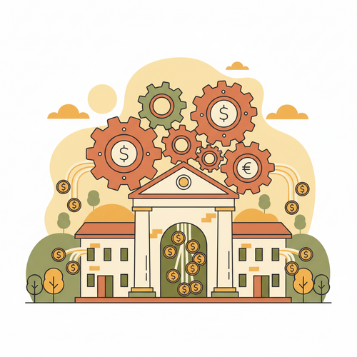 Flat design image depicting the quantitative modeling of university endowment liquidity operations, showing financial flows and systemic interconnections.