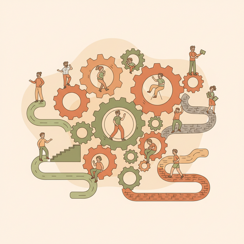 Illustration of a Scalable Asymmetric Learning Ecosystem showing diverse learners on personalized digital paths for enterprise onboarding.