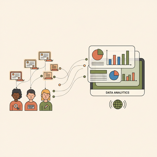 Flat design illustration depicting digital credentials linking skilled individuals to advanced human capital valuation analytics dashboards, representing digital credentialing human capital valuation.