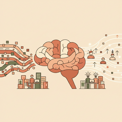 Flat design illustration depicting human capital optimization through algorithmic processes, with interconnected data points and a central brain-like structure, set against a backdrop of modern enterprise buildings.