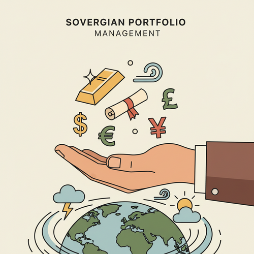 Illustration of sovereign portfolio strategic management, depicting the complex balance of liquidity and macro hedging strategies.