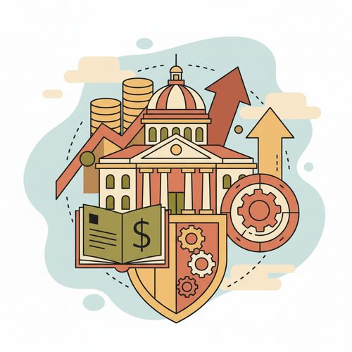 Illustration depicting strategic financial models for academic endowment interest volatility mitigation, showing stable investments around a university building.