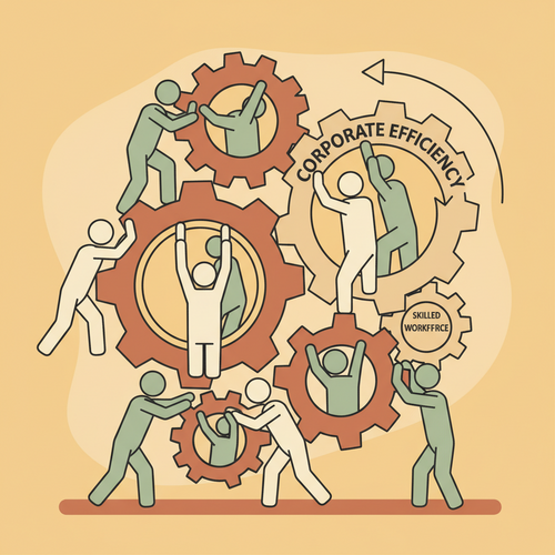 Conceptual illustration of corporate up-skilling frameworks driving efficiency and human capital optimization.