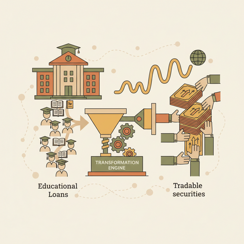 Flat design illustration depicting strategic income-contingent securitization, showing academic liabilities being transformed into financial instruments for investment.