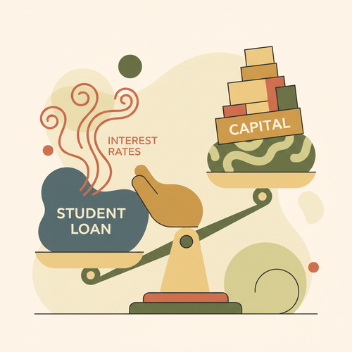 An illustration depicting strategic student credit structuring, with elements representing interest rate mitigation and capital depreciation prevention.