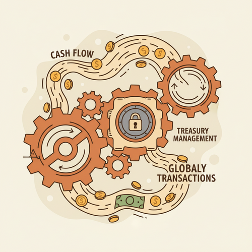 Flat design illustration depicting treasury management architecture, showing interconnected systems optimizing cash flow velocity and securing capital defense.
