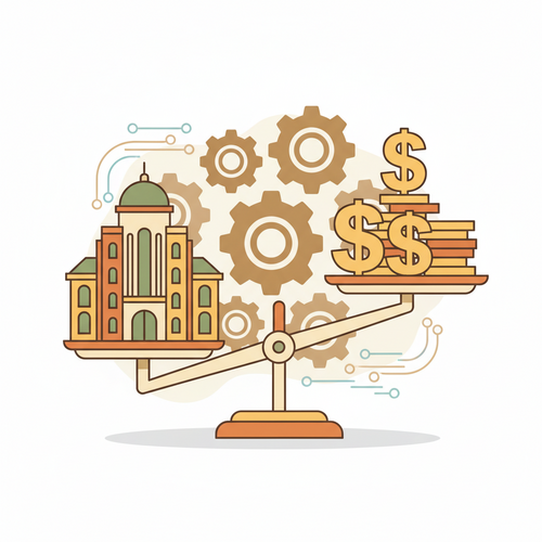 Conceptual illustration of strategic higher education yield arbitrage, showing financial scales balanced with academic buildings and data streams.