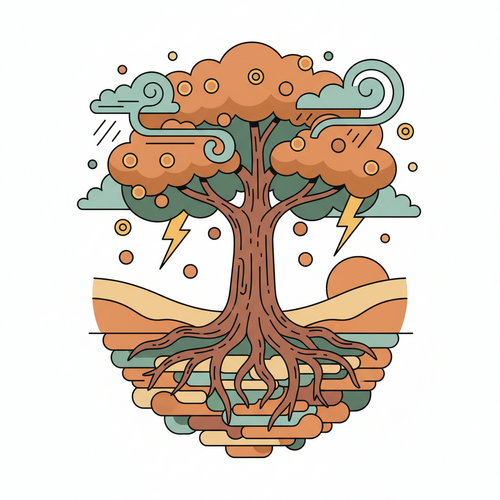 Flat design illustration of an optimized academic endowment, symbolizing financial stability and growth amidst capital depreciation and interest volatility, showing strong roots and a resilient tree.
