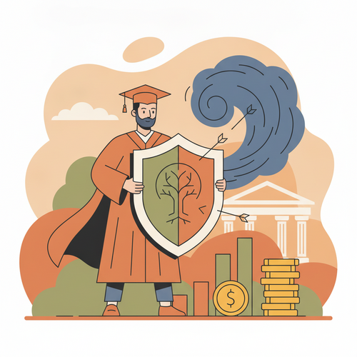 Illustration of an academic professional engaged in academic fiduciary structuring for early career wealth preservation, showing asset protection.