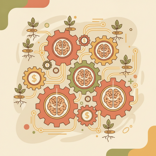 Flat design illustration of algorithmic knowledge distribution network nurturing new talent for zero-cost workforce incubation.